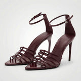 Chaussures-Femm Talon Women's Burgundy Pointed Toe Stiletto Heels Strappy Ankle Buckle Sandals