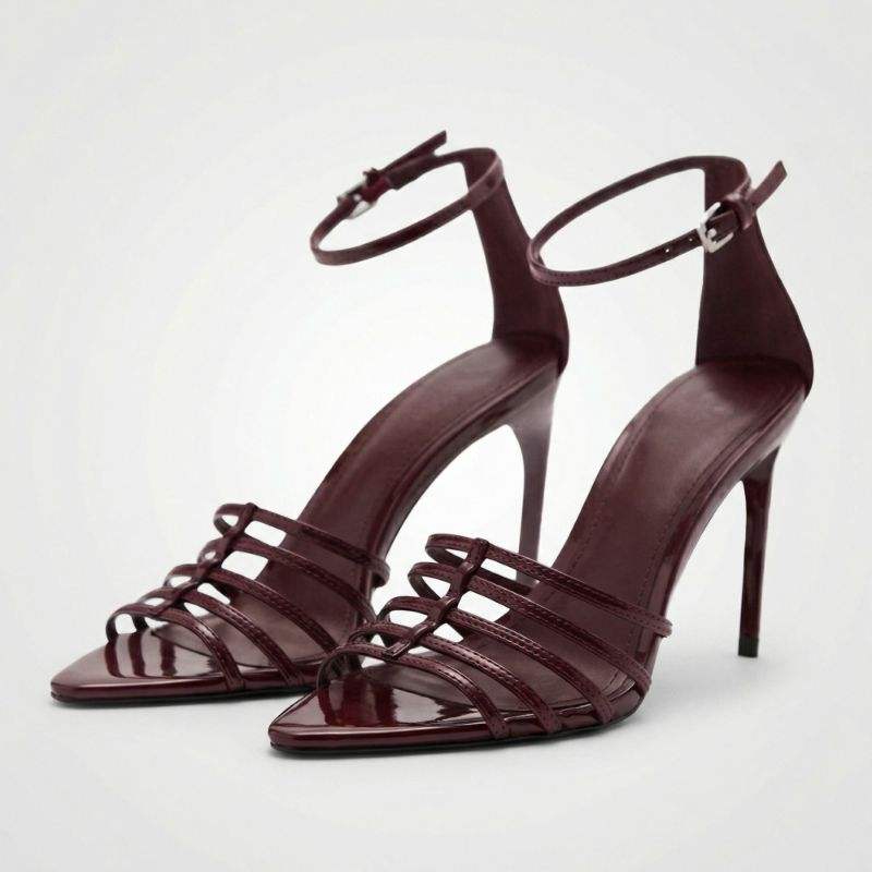 Chaussures-Femm Talon Women's Burgundy Pointed Toe Stiletto Heels Strappy Ankle Buckle Sandals