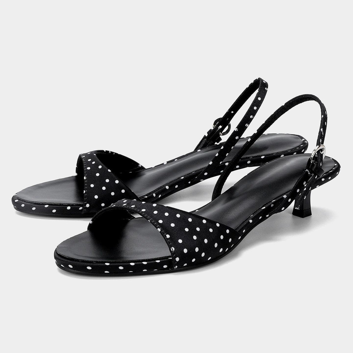 Retro Chic Women's Kitten-Heel Mules Black-White Polka-Dot Buckle Heeled Sandals for Ladies