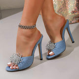 Fashion Blue Denim Women Sparkling Rhinestone Flower Stiletto Sandals Sexy Party Dress Shoes Heels