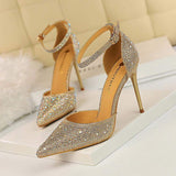 Zapatos Mujer Tacon Pumps Design Crystal Rhinestone Pink Glitter Sandals Ladies Pointed Toe Heels for Women Dress Shoes