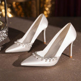 Elegant White Satin Pointed Toe Wedding Heels for Bride Luxury Faux Pearl Crystal Rhinestone Stiletto Prom Pumps Dress Shoes
