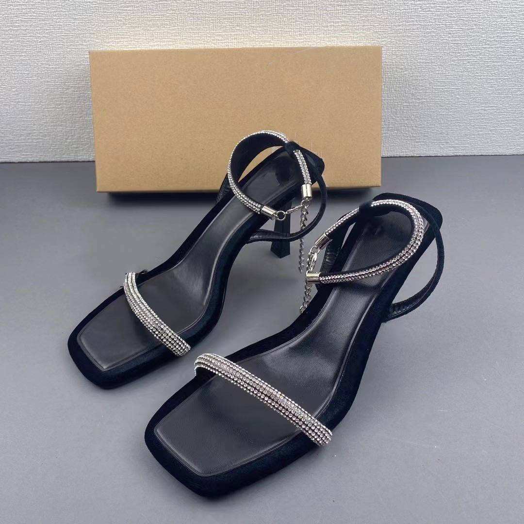 Sandals Zapatos Mujer Saltos Rhinestone Black Ankle Strap Square Toe Heels for Ladies