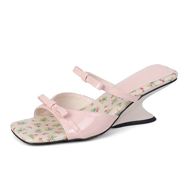 Wedge Sandals Women's Cute Floral Print Slipper Casual Bow Square Toe Slip-On Heels