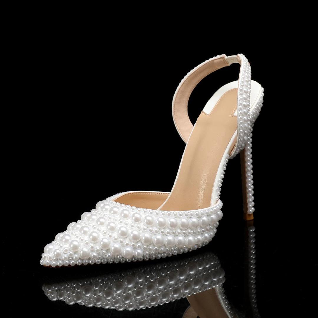 Big Size Ladies Full Pearl Decorated High Heels Pointed Toe Slingback Pumps Elegant White Dress Shoes Women Sexy Heeled Sandals