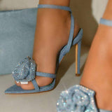 Es Chaussures Talon Femmes Escarpins Slip on Style Rose Flower Denim High Heel for Women