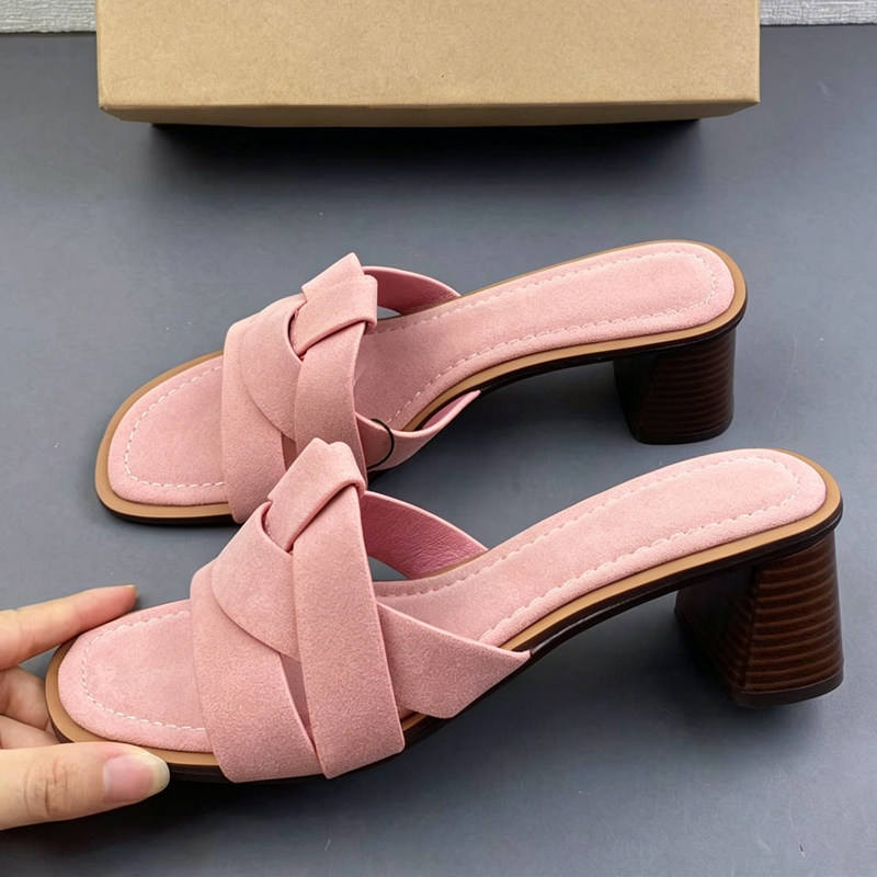 Pink Suede Block Heel Sandals Women Interlocking Cross Strap Mid Chunky Heel Mules Elegant Square Toe Summer Slides