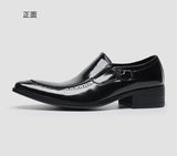 Men's Glossy Cowhide Leather Slip On Dress Shoes With Brogue Detailing And Side Buckle Accent Formal Business Wedding Shoes