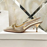 Luxury Black Rhinestone Slingback Kitten Heels for Women Pointed Toe Bow Knot Evening Party Dress Shoes Bridal Wedding Pump