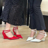 New Styles Elegant Lady Ankle Strap Pointed Toe Red Wedge Heels for Women