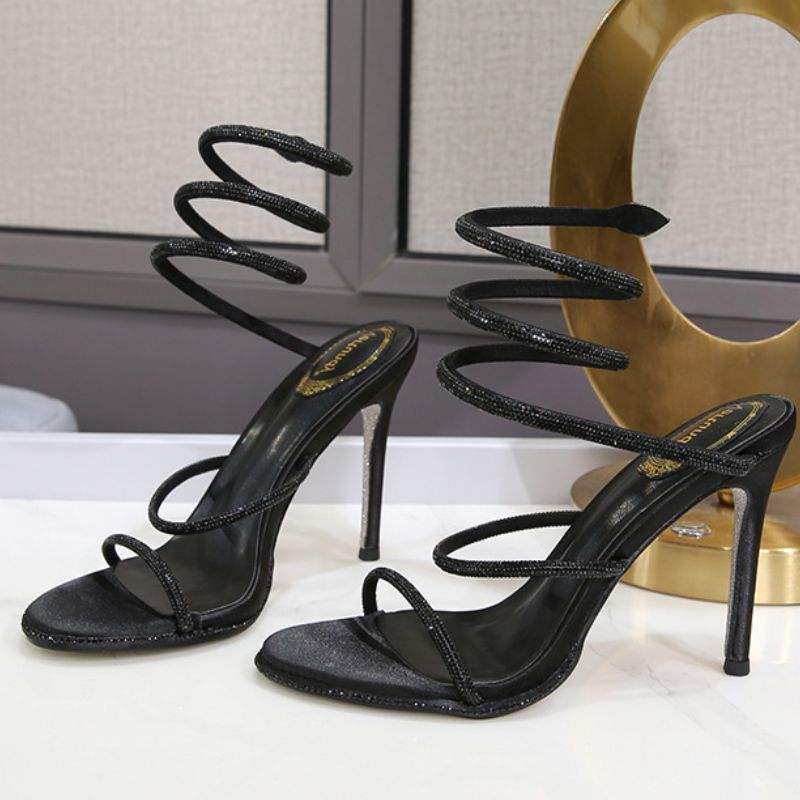 Silver Bottom European and American Version Sexy Bling Rhinestone Snake Ankle Wrap Silver Heels for Women