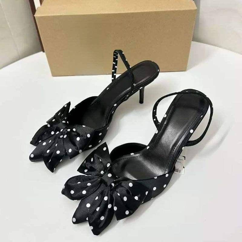 Babouche Femme 2025 New Fashion Polka Dot Open Toe Silk Women Slingback Mules 2025 Low Kitten Heels