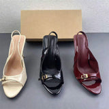 Elegant Women Patent Leather Open Toe Slingback Sandals Glossy Stiletto Heel Pumps With Adjustable Buckle for Party Dress