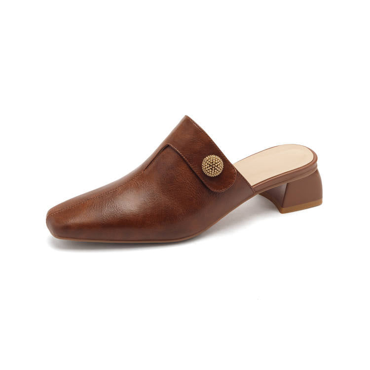 Women Genuine Leather Mules Square Toe Block Heel Slides Sheepskin Insole Breathable Comfort Professional Work Shoes Brown