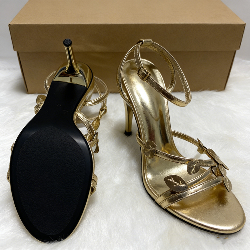 Women Gold Leaf Decor High Heel Sandals Elegant Metallic Stiletto Strappy Party Shoes Luxurious Evening Dress Sandals