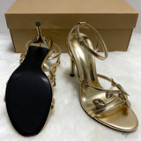 Women Gold Leaf Decor High Heel Sandals Elegant Metallic Stiletto Strappy Party Shoes Luxurious Evening Dress Sandals