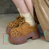Thick Soled 2025 Height Increasing Leopard Lace up Round Toe Autumn Winter Size 40 Platform Shoes