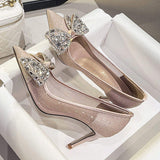 Wedding Party 2025 Fashion Female Pointed Toe Satin Bling Rhinestones Pumps Stiletto Heels