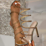 Sparkling Black Rhinestone Wrapped Stiletto Heels Square Toe Ankle Wrap Sandals for Formal Wedding Evening Party Events