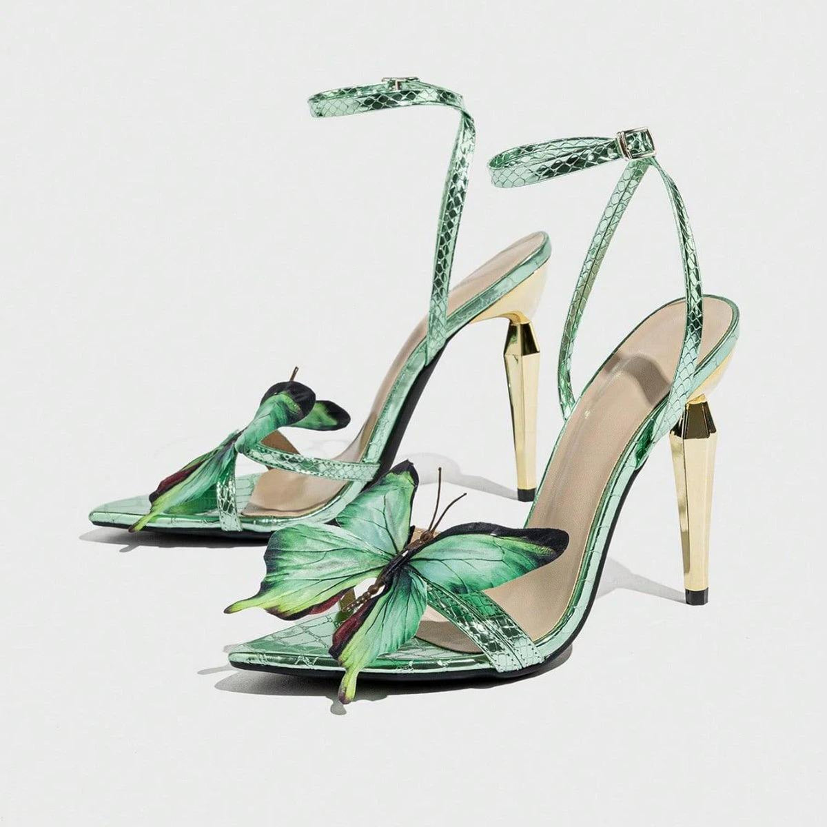 3D Butterfly Embellished Electroplated Green Color Elegant Quality Casual Women's Stiletto Heel Sandals