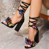 Chaussure Femme Chunky Block Butterfly Sandals Ankle Strap Lace up Heels for Ladies and Women
