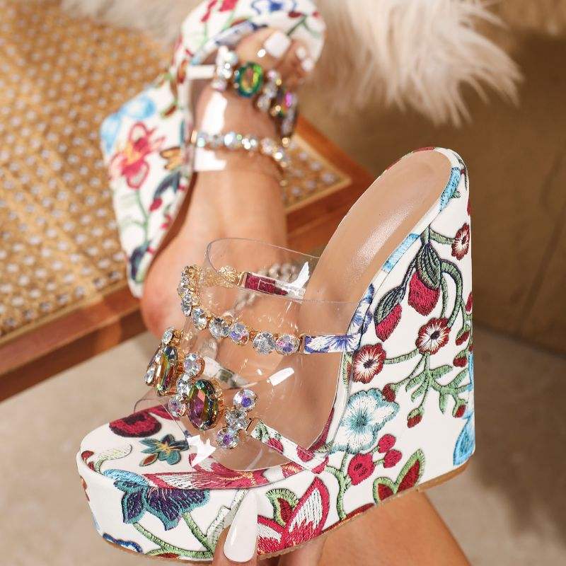 Kadin Sandalet Women Peep Toe Rhinestone Transparent Strap Platform Sandals Floral Embroidery Wedge Heels