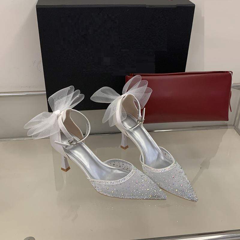 New Elegant Rhinestone Stiletto Heels Mesh Detail Bow Wedding Party Women Sandals