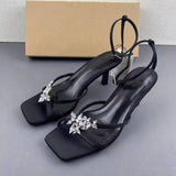Women's Sexy Square-toe Stiletto Sandals with Ankle Strap, Adorned with Silver Shiny Embellishments and Rhinestones