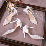 2025 Satin Women Stiletto Pointed Toe Butterfly Wedding Shoes Banquet Bead Shoes Wedding High Heels