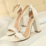 Bigtree Tacon Zapatos Mayorista Summer Patent Leather Open Toe Sexy Sandals Women Chunky Block Heels for Ladies