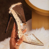 Escarpins Femme Gold Trendy Pointed Toe Sexy Stiletto Rivet Studded Clear Fashion Transparent High Heels Shoes for Ladies