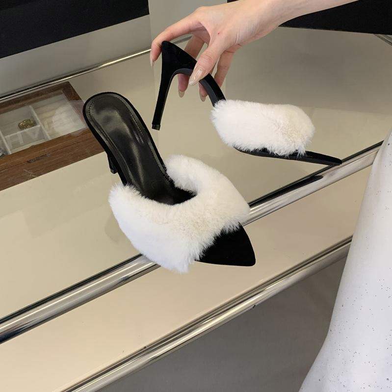 Sexy 9CM Pointed Toe Fur Slppers Mules Stiletto Heels for Women