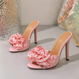 Pink Satin Floral Mules Women Trendy Open Toe Stiletto Sandals Elegant Party Prom Dressy Slip on Shoes Heels
