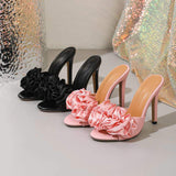 Pink Satin Floral Mules Women Trendy Open Toe Stiletto Sandals Elegant Party Prom Dressy Slip on Shoes Heels