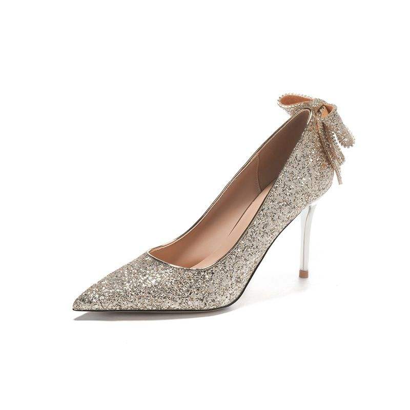 Size 33-43 Sequin Bow Talon Haut Slipper Summer Sandals Cute Designer Shoes Women Heels