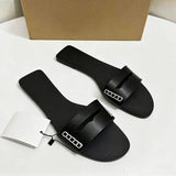 Minimalist Flat Sandals Women Contrast Stitching Cut Out Slide Sandals Luxury PU Leather Summer Beach Outdoor Slip on Shoes