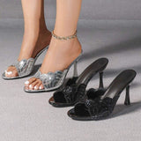 Size 34-46 Slides 2026 New Open Toe Sexy Stiletto Heel Mules Open Toe Slip On Party Sandals for Thin Heel Ladies