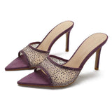 Women's Rhinestone Mesh Pointed Toe Stiletto Mule Sandals Soft Insole Slip on Ladies Sexy Heeled Sandals