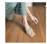 Women 2025 New Slide Sandals Cross Strap Heels Open Toe Slip on Summer Woven Slippers