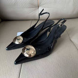 New Arrival Women's Black Patent Leather Pointed-toe MulesHeeled Sandals Oval Buckle Embellished Kitten Heel Backless Sandals