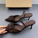 Brown Retro Faux Suede Women Backless Slingback Mule Heels Sandals Pointed Toe Slim High Heel Fashion Sandals