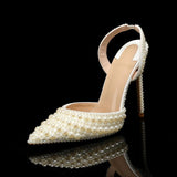 Big Size Ladies Full Pearl Decorated High Heels Pointed Toe Slingback Pumps Elegant White Dress Shoes Women Sexy Heeled Sandals