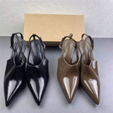 Chic Patent Leather Pointed Toe Slingback Mules for Women Stylish V Cut Mid Heel Sandals Comfortable Formal Wedding Shoes