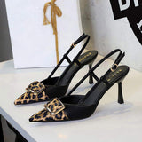 New Fashion Belt Buckle Strap Shoes Pointed Toe Women Pumps Heels Leopard Print Sexy Dress Sandalias De Mujer