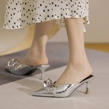 Gold Fashion Pointed Toe Chain Low Slippers Silver Mule Lady Heels for Women 2025