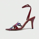 Ladies' Butterfly-Embellished Crisscross Back-Strap Pointed-Toe Sexy Women Heel Burgundy Sandals