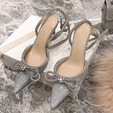 Sequin Silver/Black Talon Pour Femme Trendy Cover Toe Crystal Diamond Bow Latest 2025 Women Heels