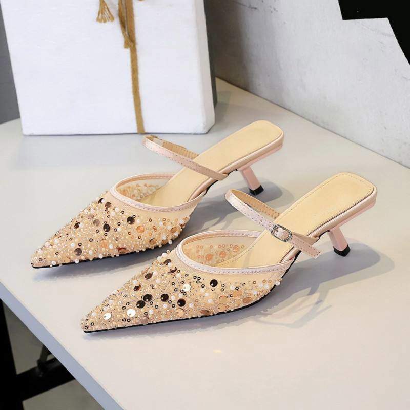 Banquet Heels Mesh Glitter New Fashion Pointed Toe Low Heel 5CM Mesh Hollow Out Women's Shoes