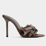 Women's High-Heeled Slippers Sandals with Beaded Sequins - One-Strap, Pointed-Toe, Slim Heel, Open-Toe, Outer-Wearable