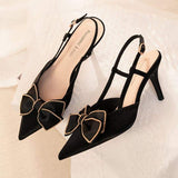 China Wholesale New Bowknot Design Ankle Strap Stiletto Pumps Fashion High Heels for Ladies Elegant Shoes